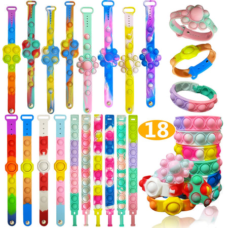 18PCS Pop Fidget Bracelets Toys, Wristband Fidget Toys Sets, Adjustable Stress Relief Push Pop Bubbles Fidget Sensory Toy Wearable for Kids and Adults