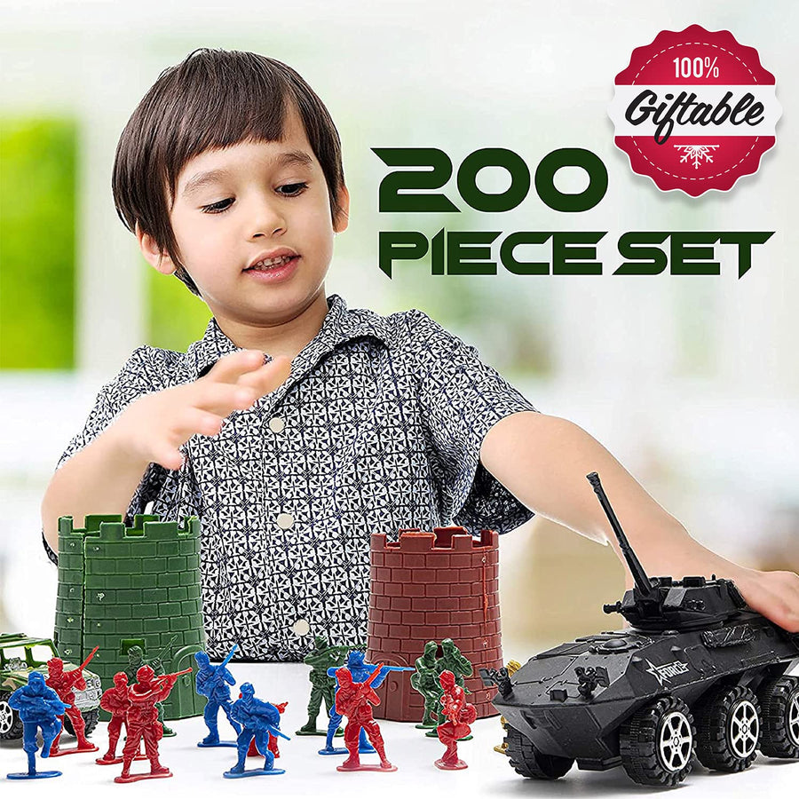 JaxoJoy 200-Piece Army Men Military Set - Cool Mini Action Figure Play Set w/ Soldiers, Vehicles, Aircraft & Boats - Pretend WWII Army Base & Military Toy Figurines for Boys