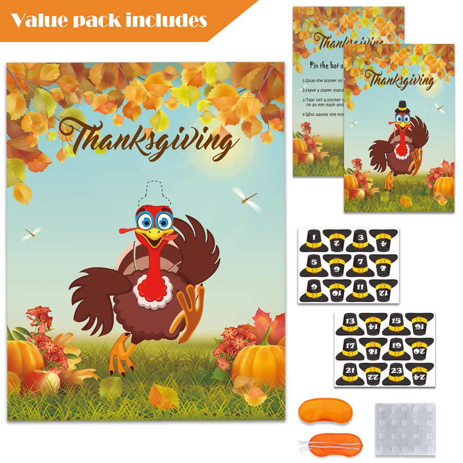 GEGEWOO Pin the Hat on the Turkey Thanksgiving Party Game Thanksgiving Games Festive Fall Party for Kids Thanksgiving Turkey Pin Game with Reusable Stickers Turkey Party Supplies Activities