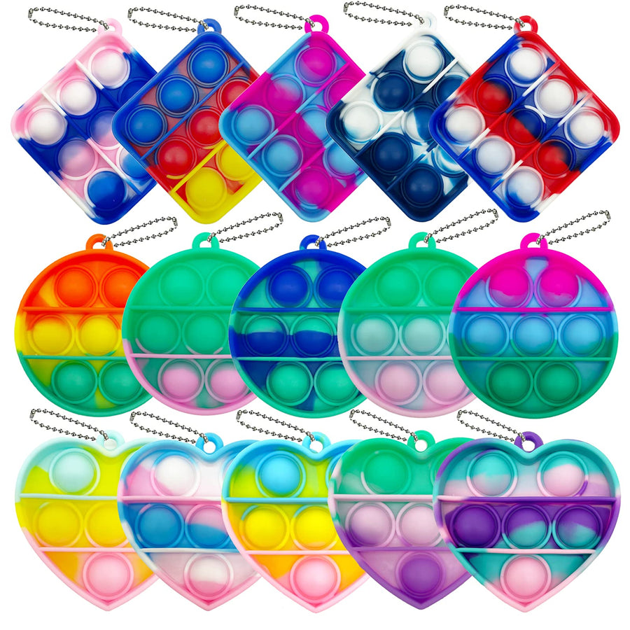 Qabfwe 15 Pcs Mini Push Pop Bubble Fidget Toy, Simple Silicone Fidget Toy, Keychain Bubble Pop Desk Toy, Stress Relief Toys Suitable for r Kids Adults(Square + Round + Heart)