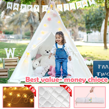 Tiny Land Kids Teepee Tent with Mat & Light String & Carry Case-Kids Foldable Play Tent-Toys for Girls Indoor Outdoor Games, Raw White Canvas Teepee-Kids Playhouse-Portable Kids Tent