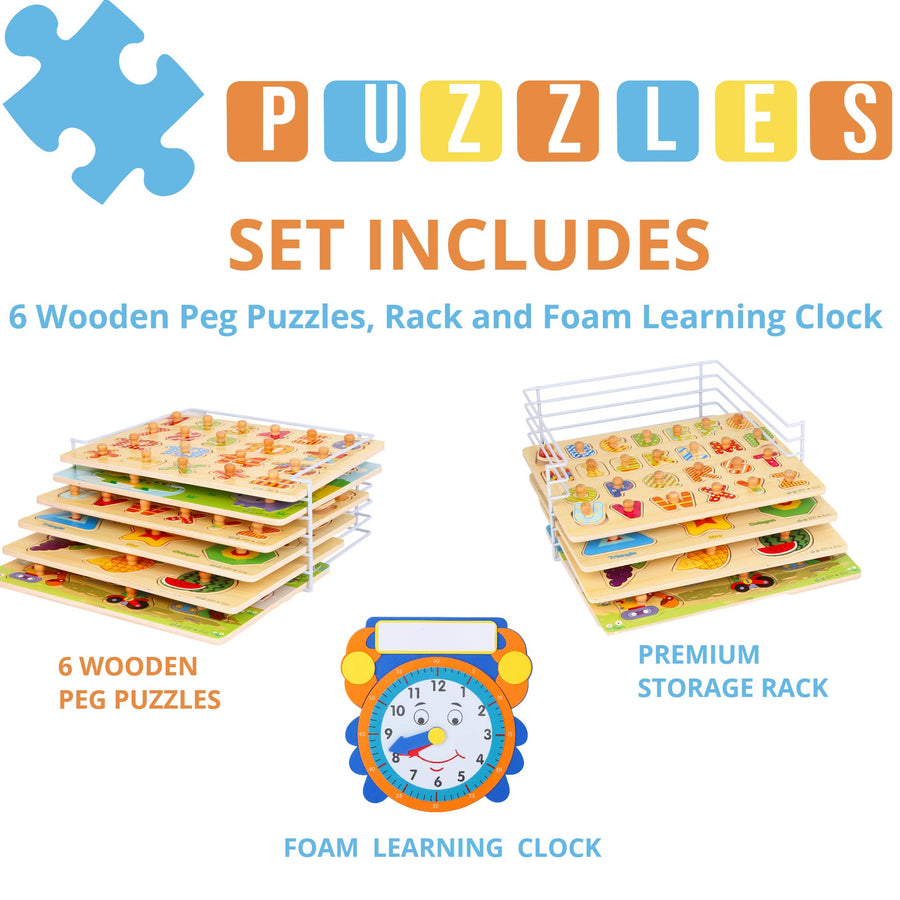 Wooden Toddler Puzzles and Rack Set - (6 Pack) Bundle with Storage Holder Rack and Learning Clock - Kids Educational Preschool Peg Puzzles for Children Babies Boys Girls - Alphabet Numbers Zoo Cars