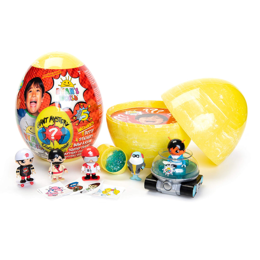 RYAN'S WORLD Giant Mystery Egg Series 5, Filled with Surprises, 1 of 3 Color Variety New Vehicles, 2 Ultra-Rare Figures, 2 Build-a-Ryan Figures, Special Putty, 1 Squishy and Stickers, Toy for Kids