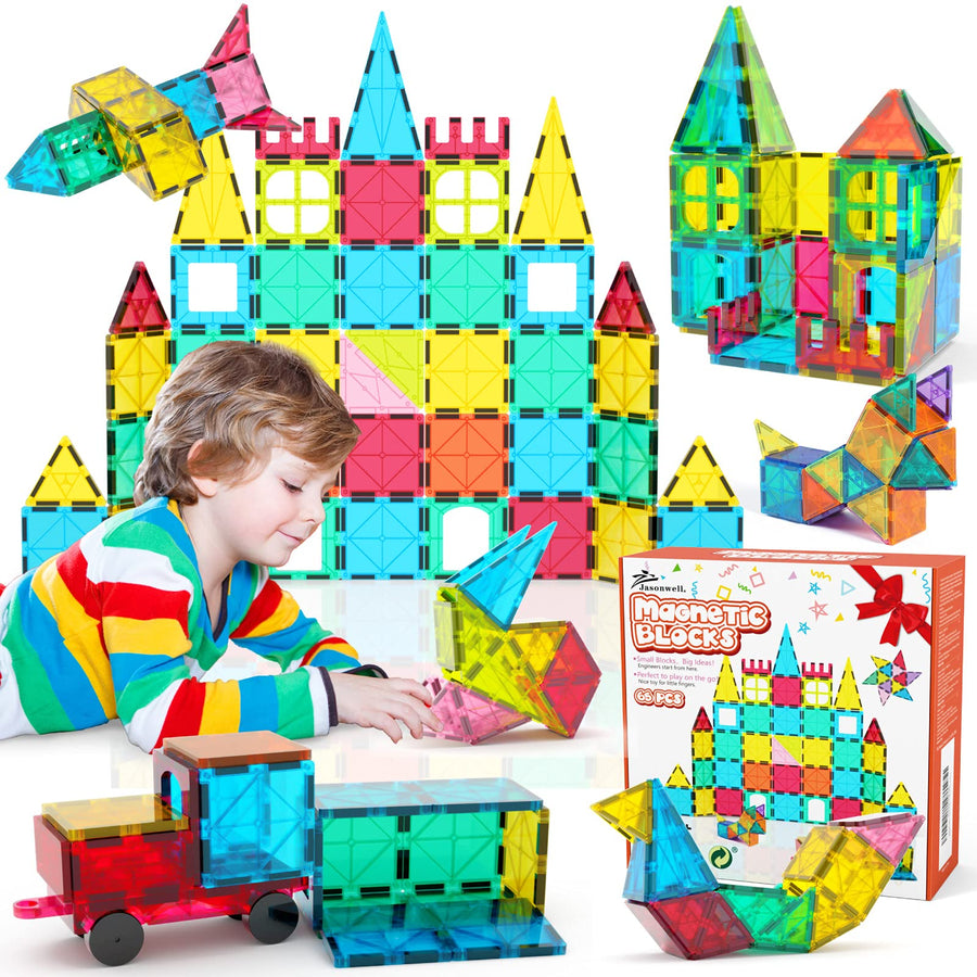 Jasonwell 65 PCS Magnetic Tiles Building Blocks Set for Boys Girls Preschool Educational Construction Kit Magnet Stacking Toys for Kids Toddlers Children 3 4 5 6 7 8 Year Old