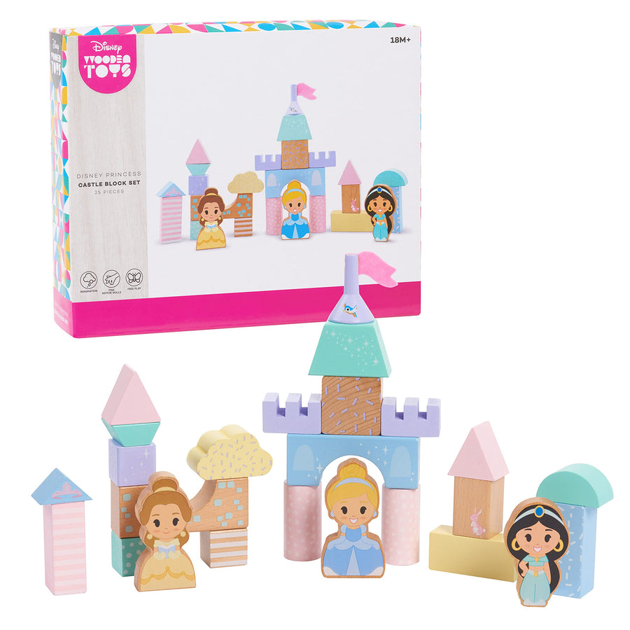Disney Wooden Toys Princess Castle Block Set, 25-Pieces Include Cinderella, Belle, and Jasmine Block Figures, Amazon Exclusive, by Just Play