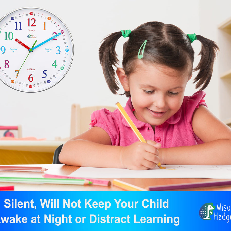 Wise Hedgehog Telling Time Teaching Clock, Silent Non Ticking Analog Battery Operated Learning Clock for Kids, Perfect Room & Wall Decor for School Classrooms, Playrooms and Kids Bedrooms