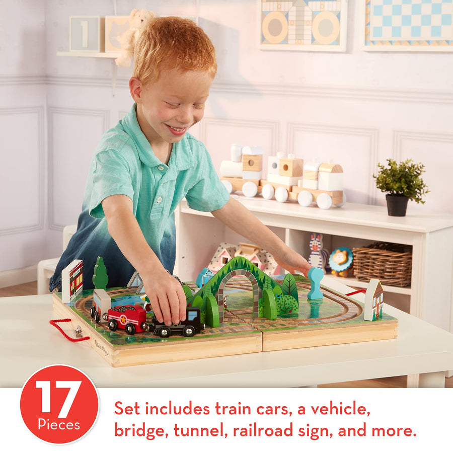 Melissa & Doug 17-Piece Wooden Take-Along Tabletop Railroad, 3 Trains, Truck,Play Pieces, Bridge