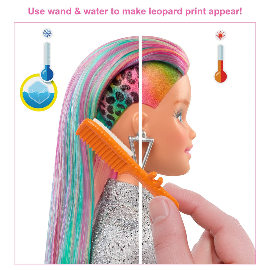 Barbie Leopard Rainbow Hair Doll (Blonde) with Color-Change Hair Feature, 16 Hair & Fashion Play Accessories Including Scrunchies, Brush, Fashion Tops, Cat Ears, Cat Purse & More