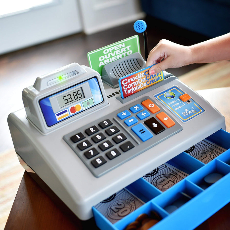 Ben Franklin Toys Talking Toy Cash Register - STEM Learning 69 Piece Pretend Store with 3 Languages, Paging Microphone, Credit Card, Bank Card, Play Money and Banking for Kids, Silver