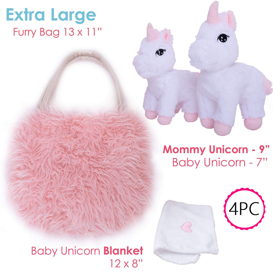 Unicorn Gift for Girls 4 Pcs Set. Baby and Mommy Unicorn Toy, XL Furry Bag and Baby Doll Blanket. Adorable Plush Toy for 3 4 5 Year Old Girl, Unicorn Gift for Little Girl. Birthday, Christmas Age 2-8
