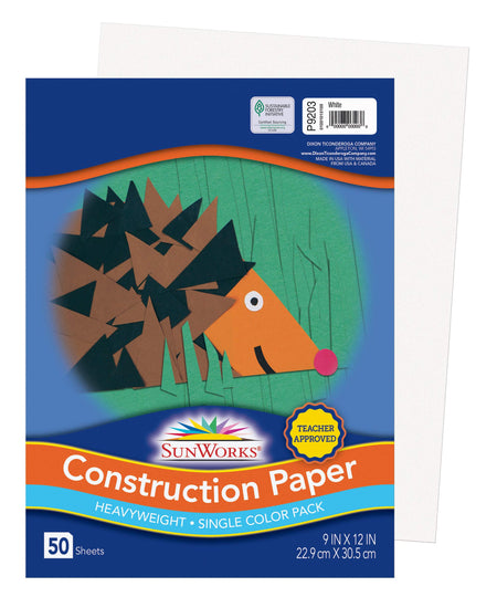 SunWorks Construction Paper, 9" x 12", White, Pack of 50