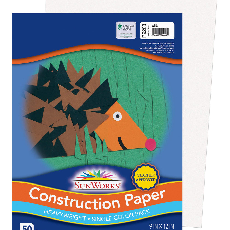 SunWorks Construction Paper, 9" x 12", White, Pack of 50