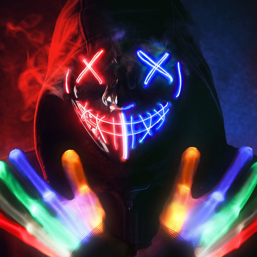 Halloween Mask Skeleton Gloves Set, 3 Modes Light Up Scary LED Mask with LED Glow Gloves , Halloween Decorations Anonymous Mask, Halloween Costumes glow purge Masks Gift for Boys Girls