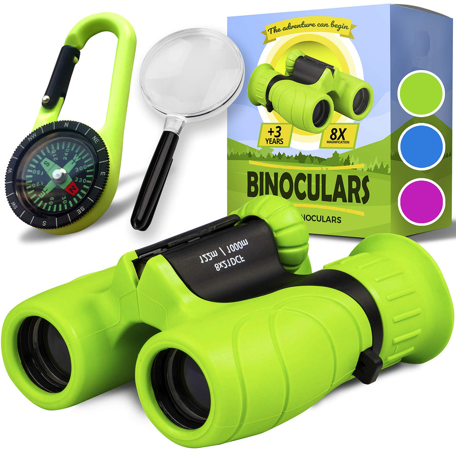 Promora Binoculars for Kids, Camping Set for Kids with Magnifying Glass & Compass (Green) - Toy Gift for 4 to 12 Year Old Boys and Girls