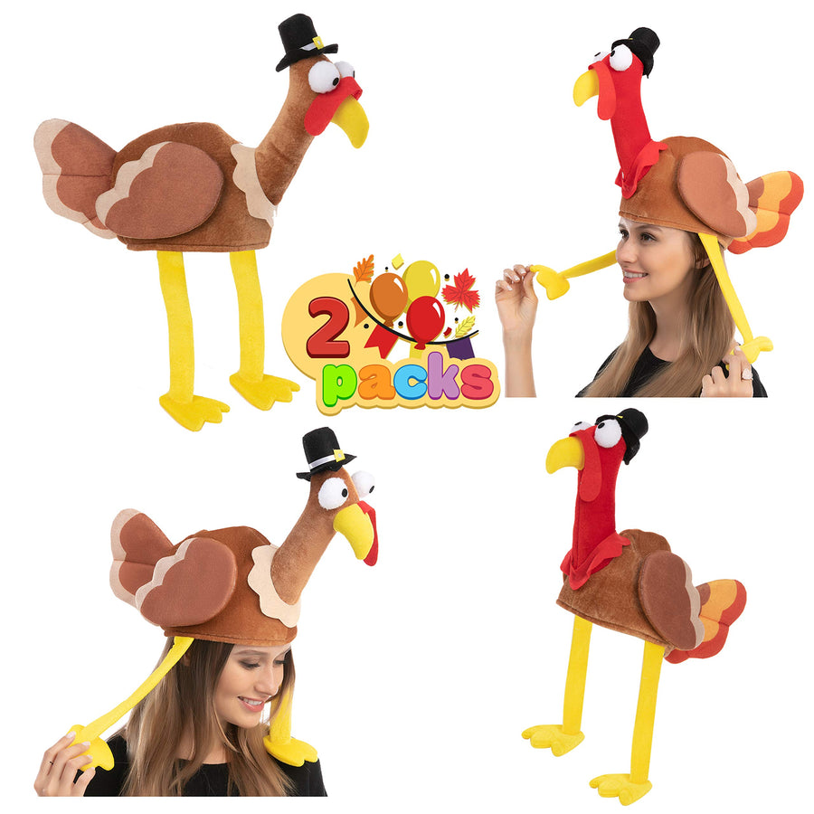 2 Pack Turkey Gobbler Hats for Thanksgiving Night Event, Dress-up Party, Thanksgiving Decoration, Role Play, Carnival, Cosplay, Costume Accessories Brown