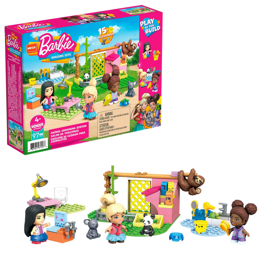 Mega Barbie Animal Grooming Station Building Set, 97 Bricks and Pieces with Fashion and Roleplay Accessories, 3 Micro-Dolls, 1 Panda, 1 Koala, 1 Turtle and 2 Sloths, Toy Gift Set for Ages 5 and up