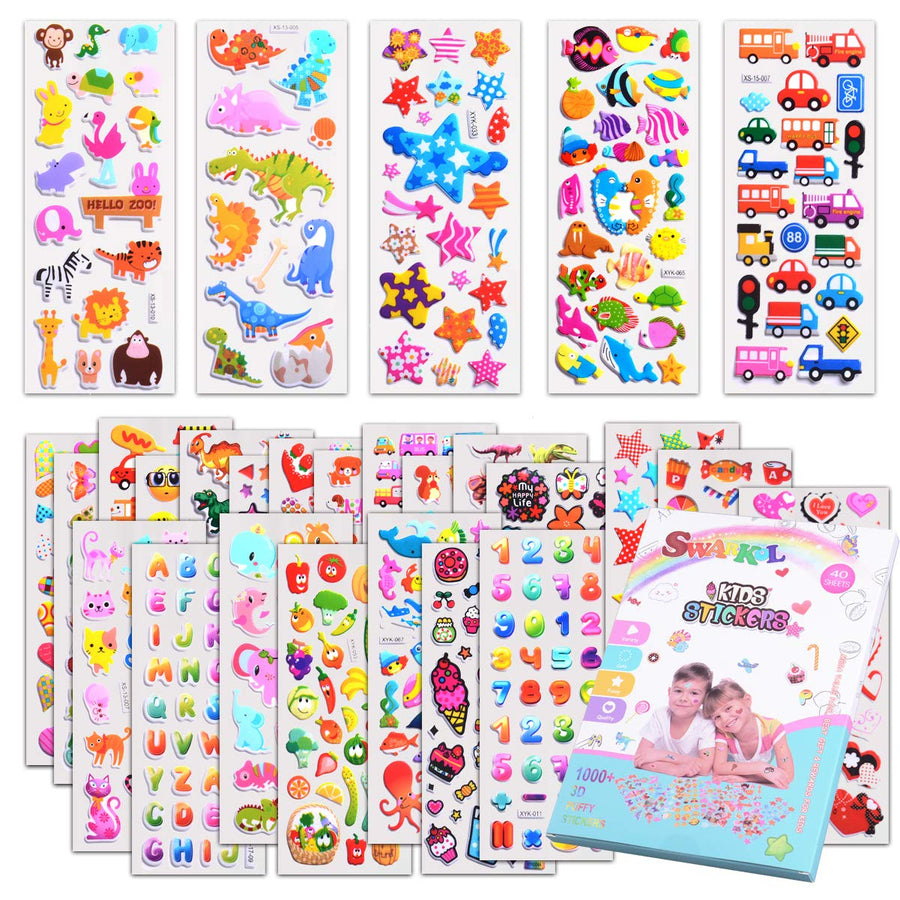 Kids Stickers 1000+, 40 Different Sheets, 3D Puffy Stickers for Kids, Bulk Stickers for Girl Boy Birthday Gift, Scrapbooking, Teachers, Toddlers, Including Animals, Stars, Fishes, Hearts and More