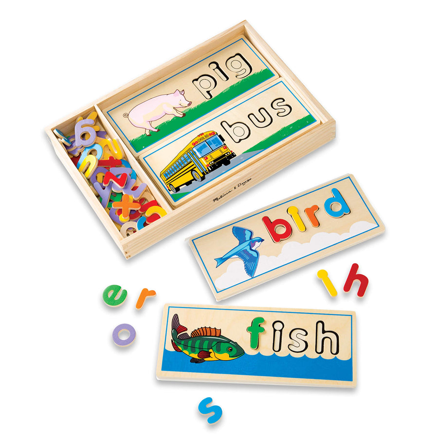Melissa & Doug See & Spell Wooden Educational Toy With 8 Double-Sided Spelling Boards and 64 Letters