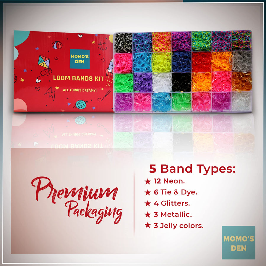 12000+ Loom Rubber Bands Bracelet Kit, Big Giftable Case with Premium Quality Accessories, 28 Unique Bright Colour Bands, Refill Kit for Girls & Boys by Momo's Den