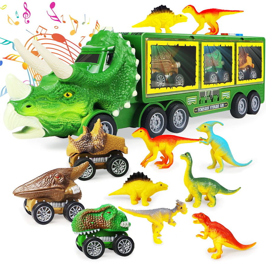 Dinosaur Toy Truck for Kids 3-7 with Flashing Lights, Music and Roaring Sound, 10 in 1 Dinosaur Toys for Boys and Girls, 3 Pull Back Dinosaur Cars, 6 Dinosaur Toys and 1 Dinosaur Carrier Truck