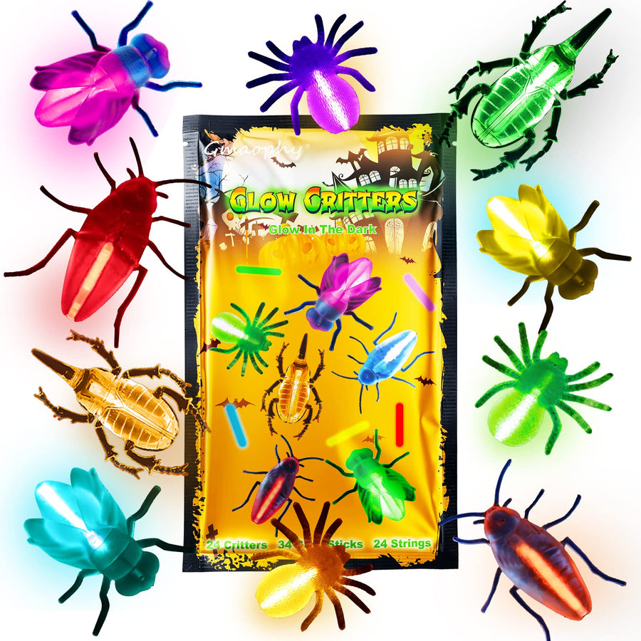 Glow Critters For Halloween Party Favor, Glow in the Dark Party Toys Set for Kids, Trick or Treating Goodie Supplies, School Classroom Game Prizes - 24 Fake Bugs and 34 Mini Glow Sticks