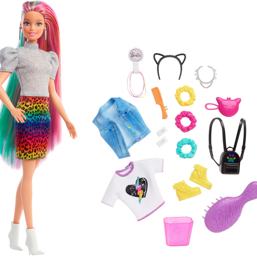Barbie Leopard Rainbow Hair Doll (Blonde) with Color-Change Hair Feature, 16 Hair & Fashion Play Accessories Including Scrunchies, Brush, Fashion Tops, Cat Ears, Cat Purse & More