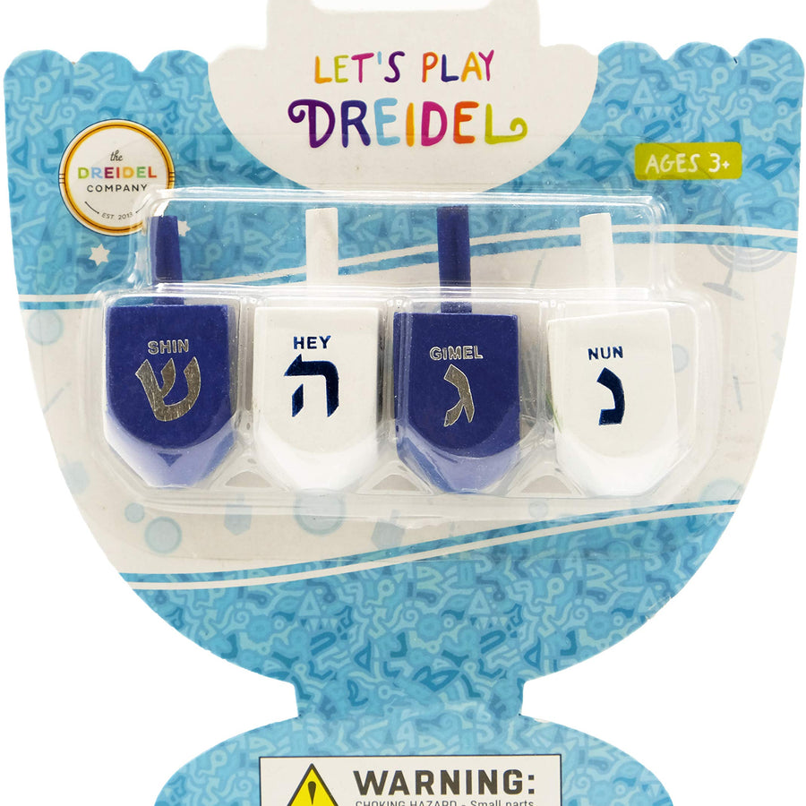 Hanukkah Dreidel Bulk Solid Blue & White Wooden Dreidels Hand Painted - Game Instructions Included! (4-Pack)