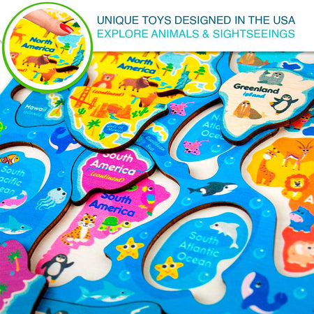 Wooden Puzzles for Kids Ages 4-8 by QUOKKA – 2 Toddler Educational Toys for 3-5-7 for Learning World and USA Map – Gift Toys for 4 5 Year Old Boys and Girls - Preschool Learning Jigsaws Game 6-8-10