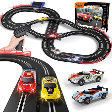 Electric Racing Tracks for Boys and Kids Including 4 Slot Cars 1:43 Scale with Headlights and Dual Racing, Race Car Track Sets with 2 Hand Controllers, Gift Toys for Children Over 8 Years Old