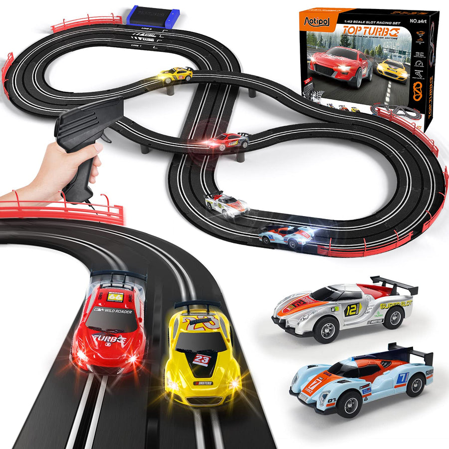 Electric Racing Tracks for Boys and Kids Including 4 Slot Cars 1:43 Scale with Headlights and Dual Racing, Race Car Track Sets with 2 Hand Controllers, Gift Toys for Children Over 8 Years Old