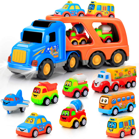 9 pcs Cars Toys for 2 3 4 5 Years Old Toddlers, Big Carrier Truck with 8 Small Cartoon Pull Back Cars, Colorful Assorted Vehicles, Transport Truck with Sound and Light, Best Gift for Boy and Girl