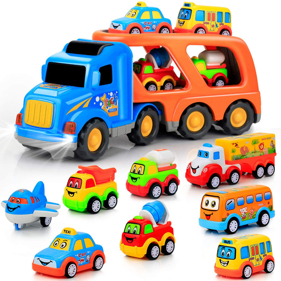 9 pcs Cars Toys for 2 3 4 5 Years Old Toddlers, Big Carrier Truck with 8 Small Cartoon Pull Back Cars, Colorful Assorted Vehicles, Transport Truck with Sound and Light, Best Gift for Boy and Girl