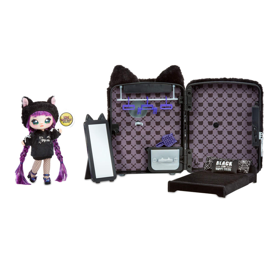 Na Na Na Surprise 3-in-1 Backpack Bedroom Playset With Fashion Doll Tuesday Meow In Exclusive Outfit | Black Fuzzy Kitty Bag, Real Mirror, Closet with Drawer, Pillows, Blanket | Kids Ages 5+