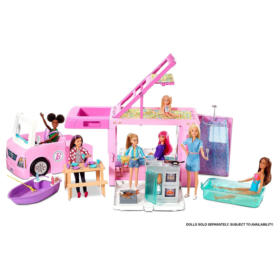 Barbie 3-in-1 DreamCamper Vehicle, approx. 3-ft, Transforming Camper with Pool, Truck, Boat and 50 Accessories, Makes a Great Gift for 3 to 7 Year Olds