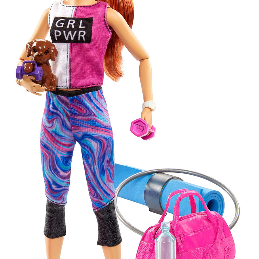Barbie Fitness Doll, Red-Haired, with Puppy and 9 Accessories, Including Yoga Mat with Strap, Hula Hoop and Weights, Gift for Kids 3 to 7 Years Old