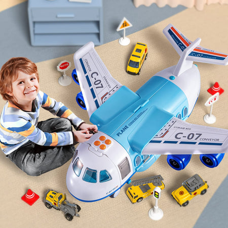 TEMI Mist Spay Storage Transport Plane Cargo with 6 Free Wheel Diecast Construction Vehicles and Playmat, Kids Toy Jet Aircraft with Lights & Sounds for 3 4 5 6 Years Old Boys and Girls