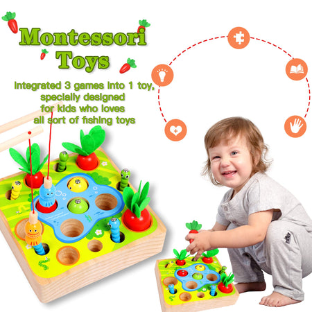 Toys for 1 Year Old Boy Montessori Toys for Toddlers Sensory Education Wooden Toys for 1 2 3 Year Old Babies Gifts for Christmas Birthday Kids Boys & Girls Fishing Games Carrot Harvest Catching Worm