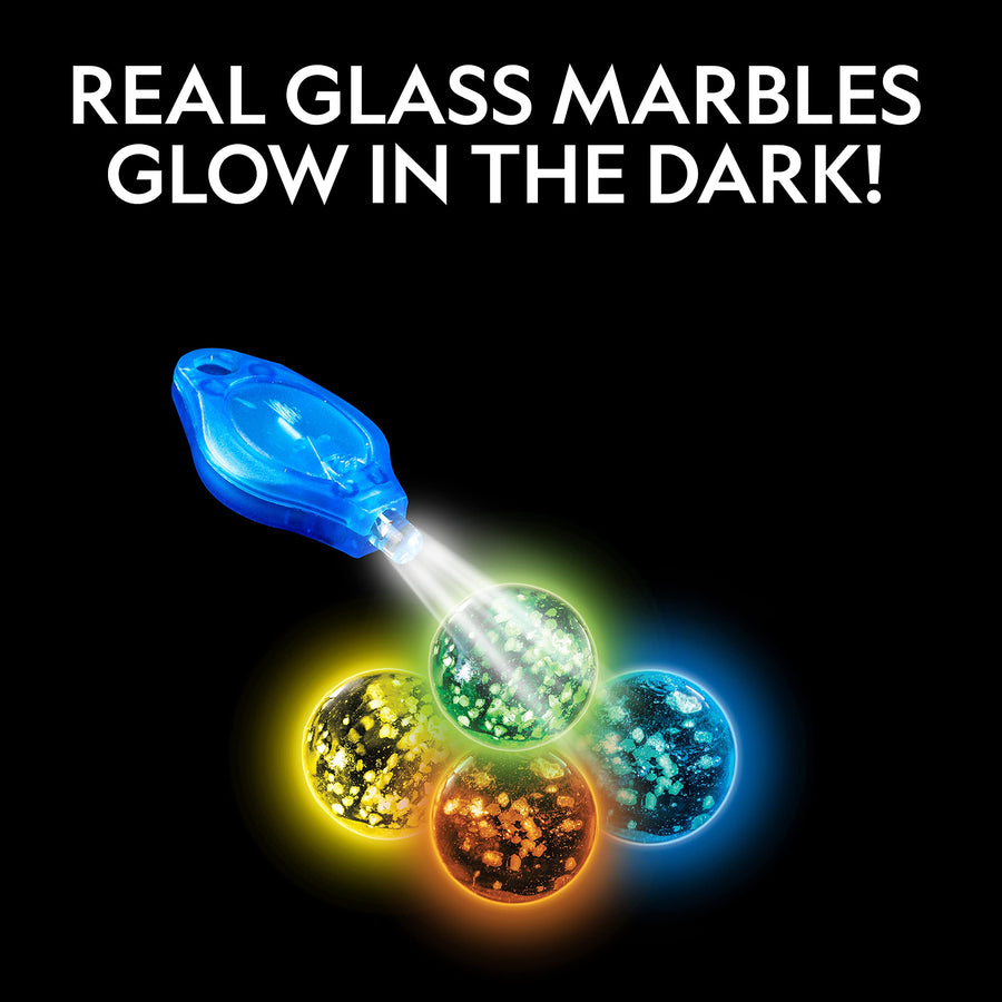 NATIONAL GEOGRAPHIC Glowing Marble Run – 80 Piece Construction Set with 15 Glow in the Dark Glass Marbles & Mesh Storage Bag, Educational STEM Toy, an AMAZON EXCLUSIVE Science Kit