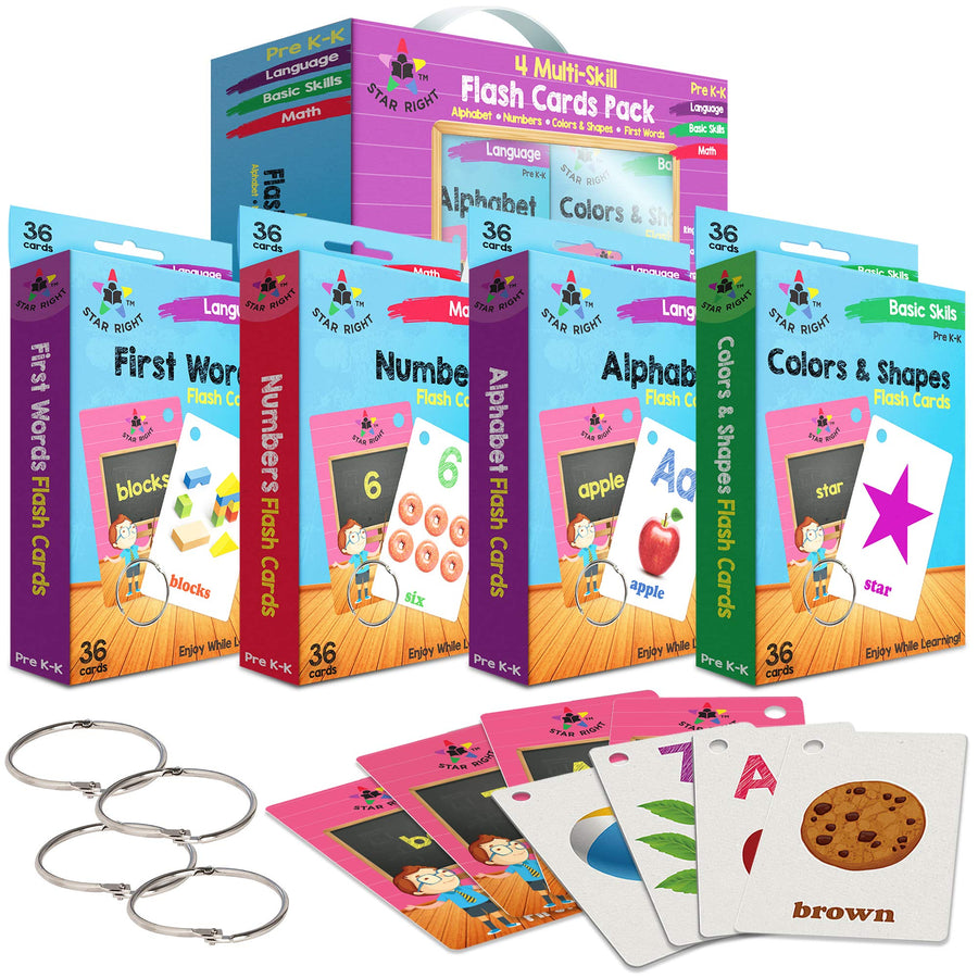 Star Right Numbers & Sight Words Flash Cards Set of 4 - Numbers, First Words, Colors, Shapes, and Alphabet Flashcards - 4 Binder Rings - 144 Sight Words Flash Cards Kindergarten & Toddlers 2-4 Years