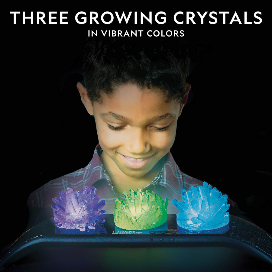 NATIONAL GEOGRAPHIC Crystal Growing Kit - 3 Vibrant Colored Crystals to Grow with Light-Up Display Stand & Guidebook, Includes 3 Real Gemstone Specimens Including A Geode & Green Fluorite