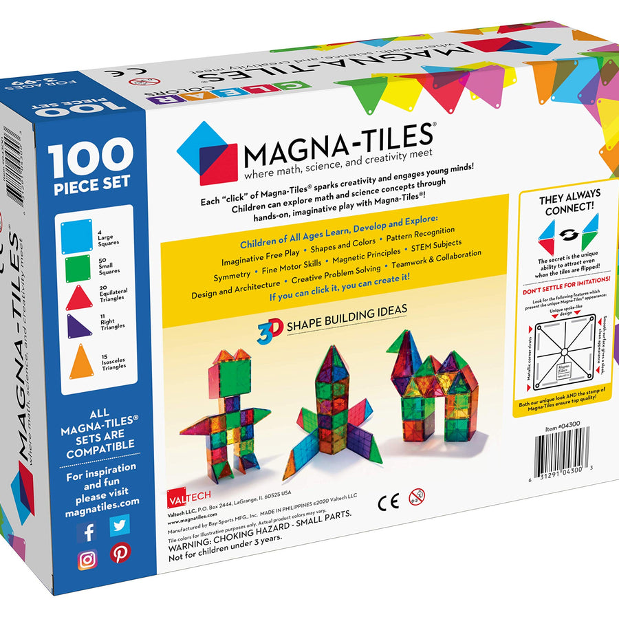 Magna-Tiles 100-Piece Clear Colors Set, The Original Magnetic Building Tiles For Creative Open-Ended Play, Educational Toys For Children Ages 3 Years +
