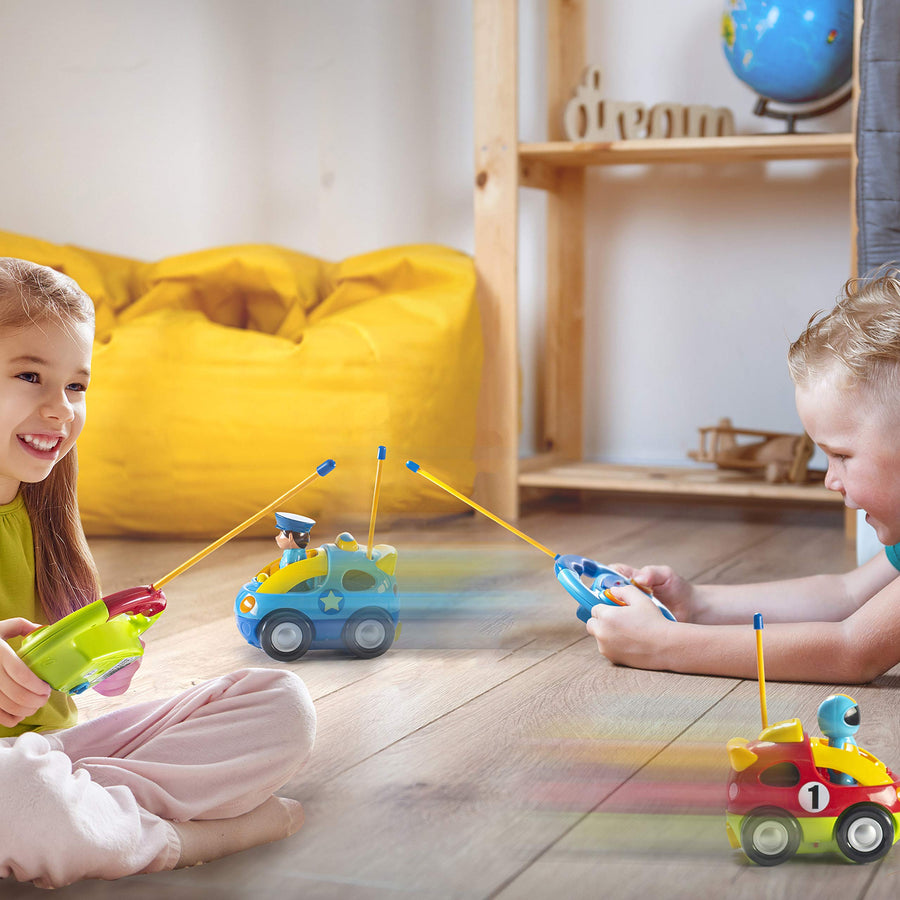 Prextex Pack of 2 Cartoon R/C Police Car and Race Car Radio Control Toys for Kids- Each with Different Frequencies So Both Can Race Together