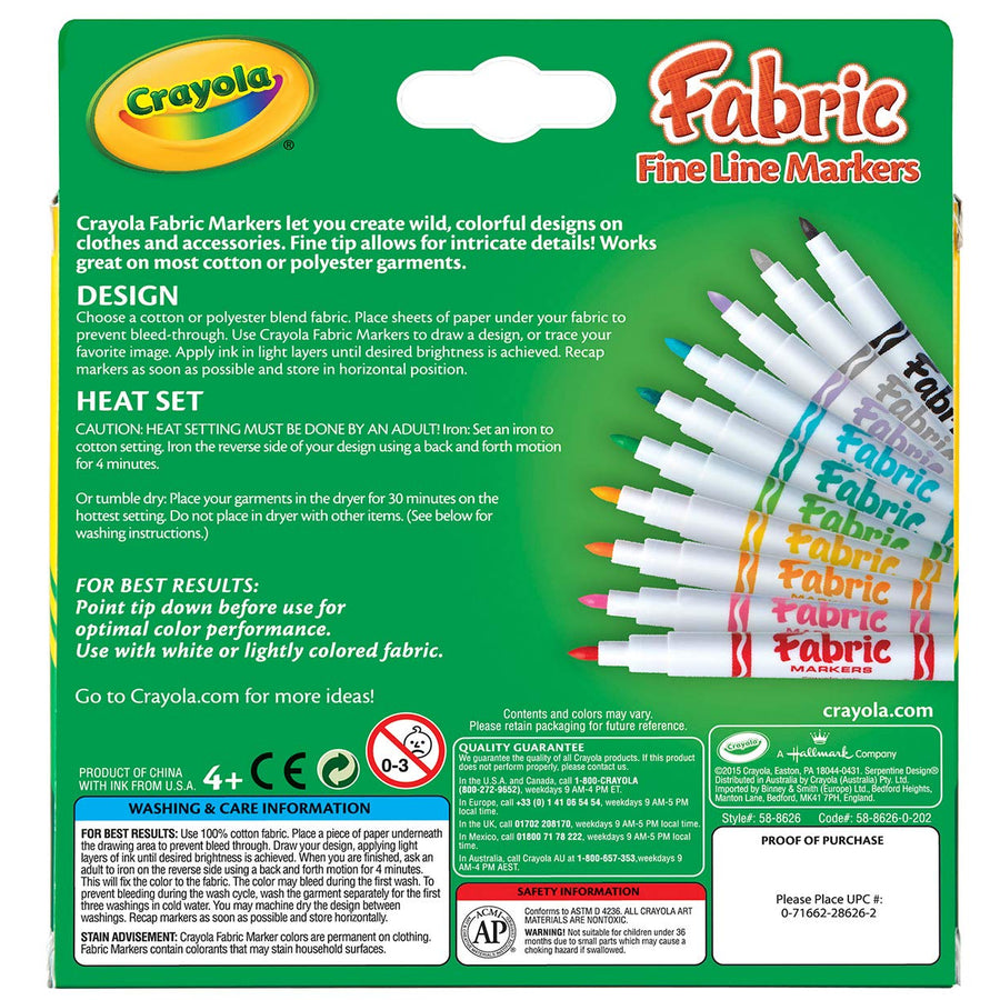 Crayola Fabric Markers, At Home Crafts for Kids, Fine Tip, Assorted Colors, Set of 10