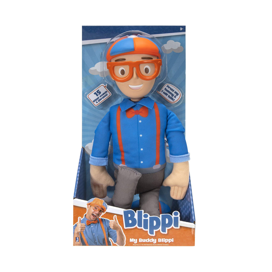 Blippi Bendable Plush Doll, 16” Tall Featuring SFX - Squeeze The Belly to Hear Classic catchphrases - Fun, Educational Toys for Babies, Toddlers, and Young Kids