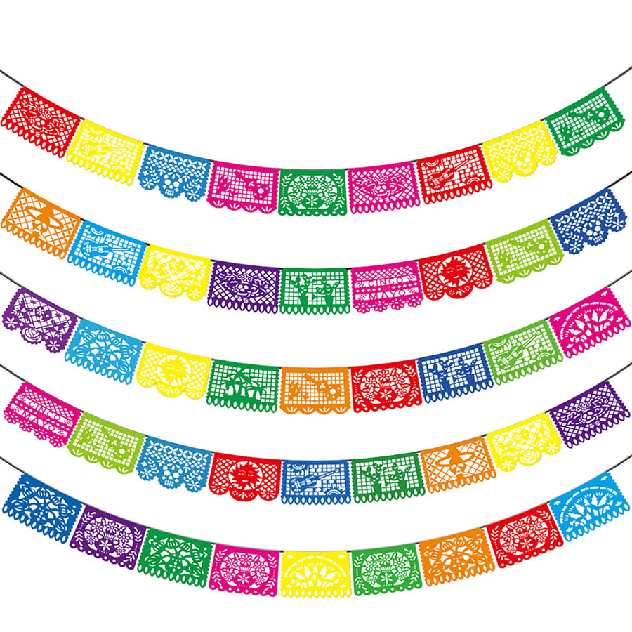 Mexican Party Banners - 5 Packs Fiesta Mexican Party Dia De Los Muertos Day of the Dead Altar de Ofrendas Halloween Decoration Cino de Mayo Mexicano Party Supplies Papel Picado Banner -90 Ft/5 Design