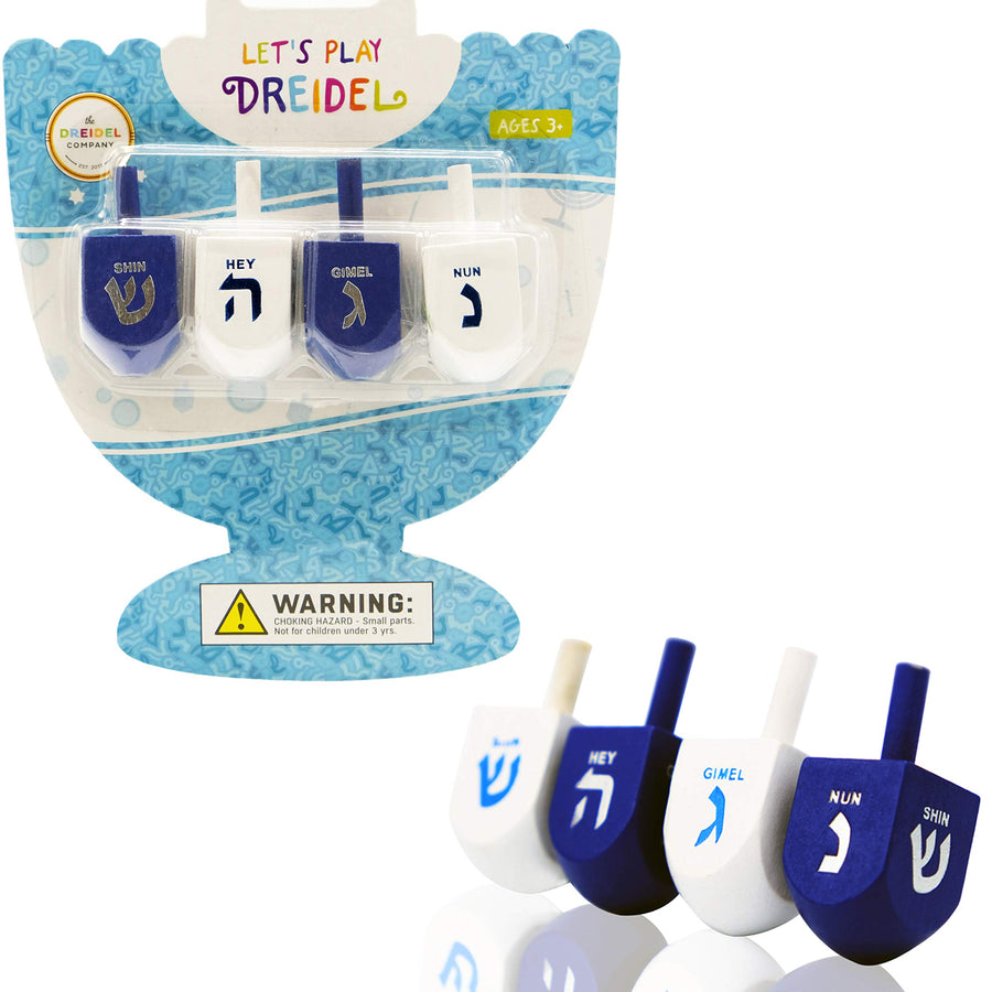 Hanukkah Dreidel Bulk Solid Blue & White Wooden Dreidels Hand Painted - Game Instructions Included! (4-Pack)