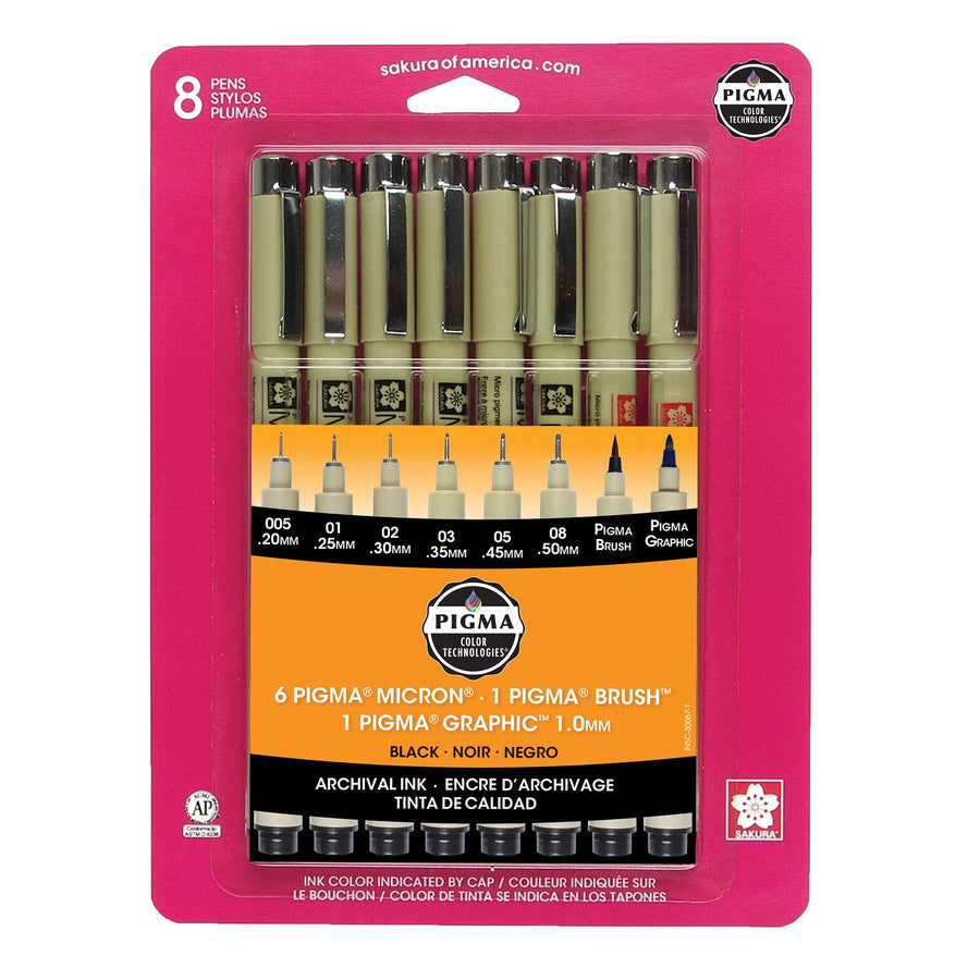 Sakura Pigma 30067 Micron Blister Card Ink Pen Set, Black, 8/Set