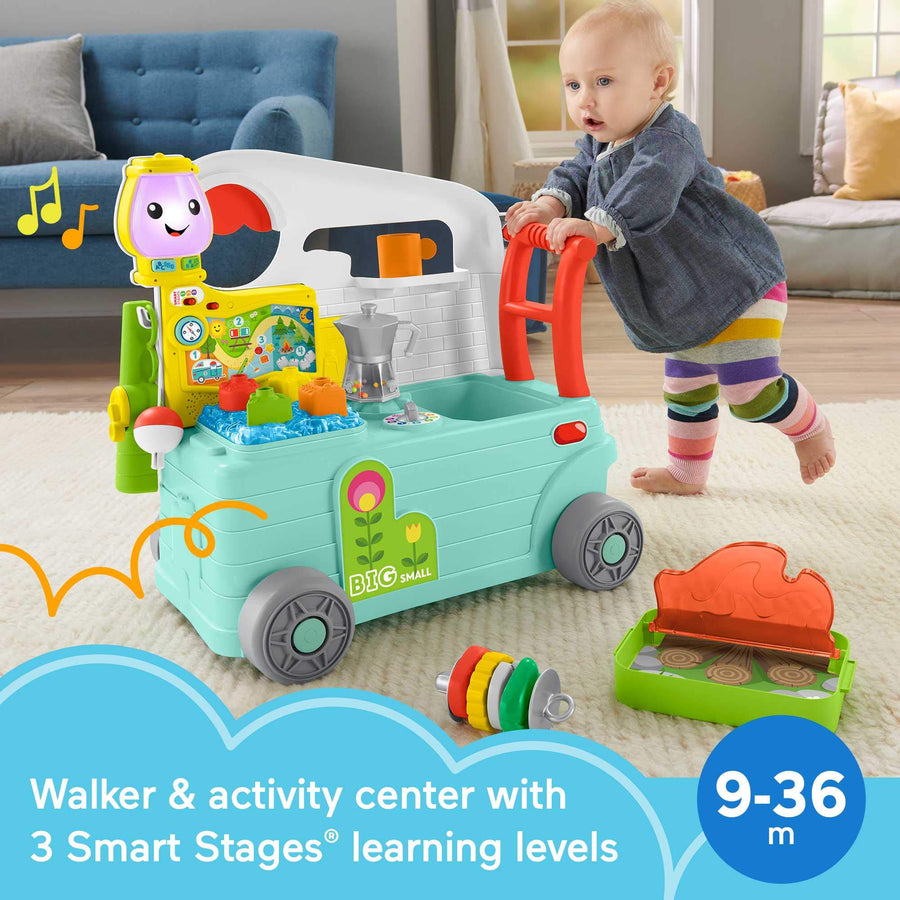 Fisher-Price Laugh & Learn 3-in-1 On-the-Go Camper, Musical Push-Along Walker and Activity Center for Infants and Toddlers Ages 9-36 Months