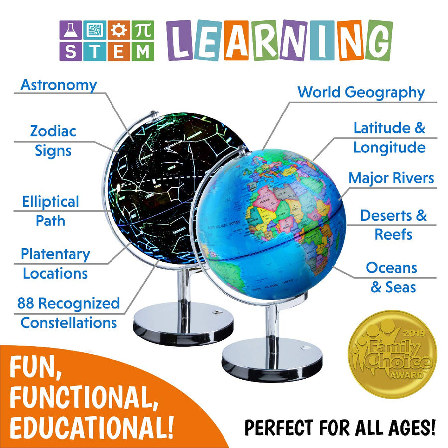 USA Toyz Illuminated Globe of The World with Stand - 3in1 World Globe, Constellation Globe Night Light, and Globe Lamp with Built-in LED, Easy to Read Texts, and Non-Tip Base, 13.5 Inch Tall