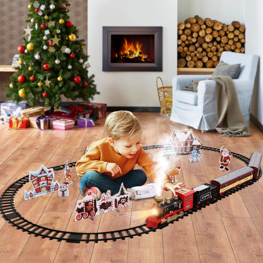 TEMI Train Sets w/ Steam Locomotive Engine, Cargo Car and Tracks, Battery Operated Play Set Toy w/ Smoke, Light & Sounds, Perfect for Kids, Boys & Girls, Red